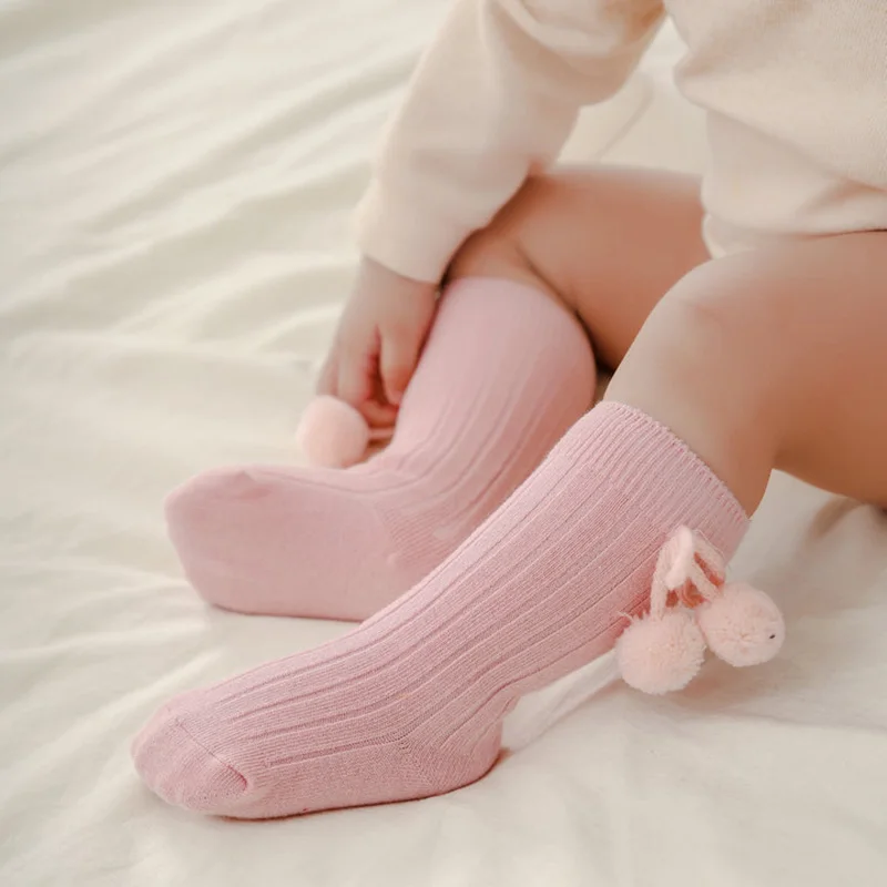 

Baby Girls Mid Stockings Princess Solid Color Cute Hairball Short Socks Infant Toddler Breathable Loose Knee Socks 0-3Years