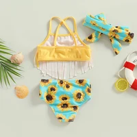 2-7Y Kids Bikini Set Girls Swimwear 2023 Summer Tassel Sling Sunflower Print Bow Bathing Suits Children Beachwear Baby Swimsuits 2