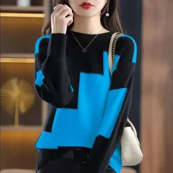 Sweater Women New O-Neck Color Matching Short Warm Pullover Long Sleeved Knitted Sweater Bottom Shirt Female Tops Women Clothing