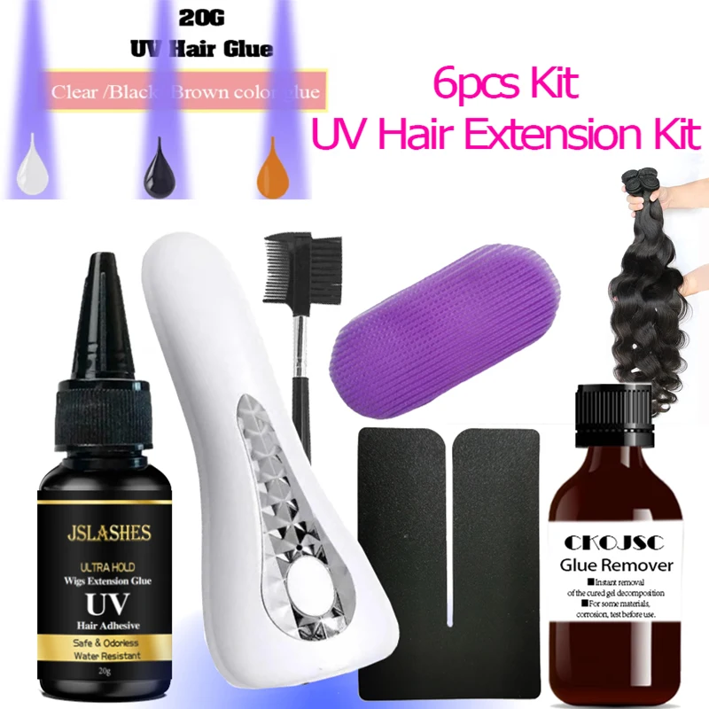 6pcs Kit Human UV Light Hair Gel 18w Uv Lamp Tape Hair Uv Glue Extension Kit Tape hair extend UV Technology glue Remover