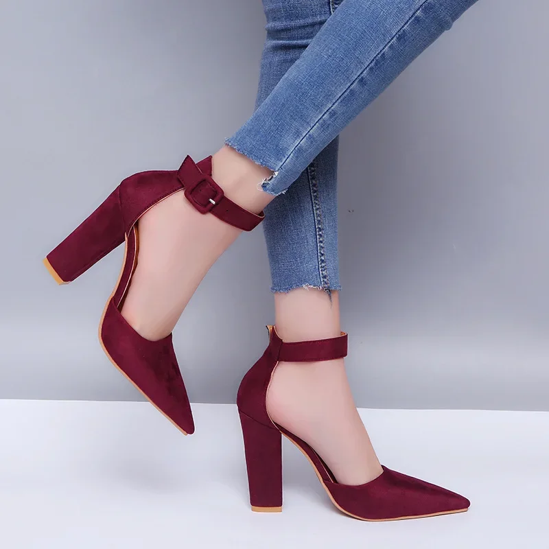 Women Pumps Fashion Ladies Shoes Party Wedding Square High Heel Pointed Toe Red Wine Ladies Pumps 6
