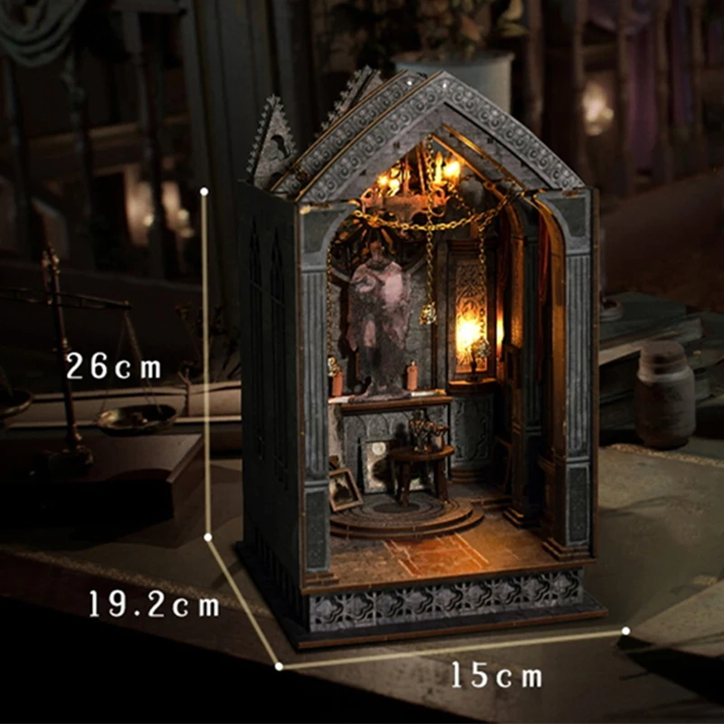 DIY Book Nook Wooden Miniature Model Kit Gothic Church Architecture Bookend Assembled 3D Puzzle Bookshelf Home Decor Adult Gifts 6