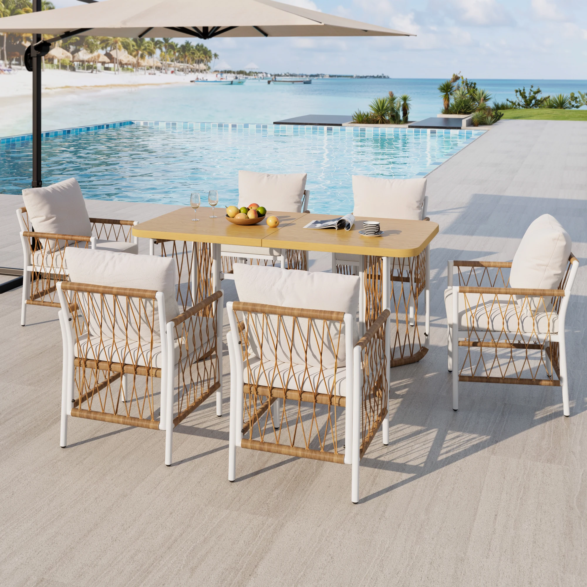 Modernes Outdoor-Set, Freizeit- und Besprechungsset für mehrere Personen, Eisenrahmen, geflochtene Armlehnen, Sitzkissen inklusive. – Detail 10