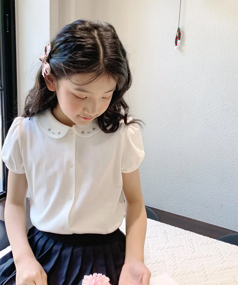 소녀 옷 어린이 옷 여름 소녀 셔츠 사랑스러운 꽃 자수 피터팬 칼라 흰색 셔츠 탑