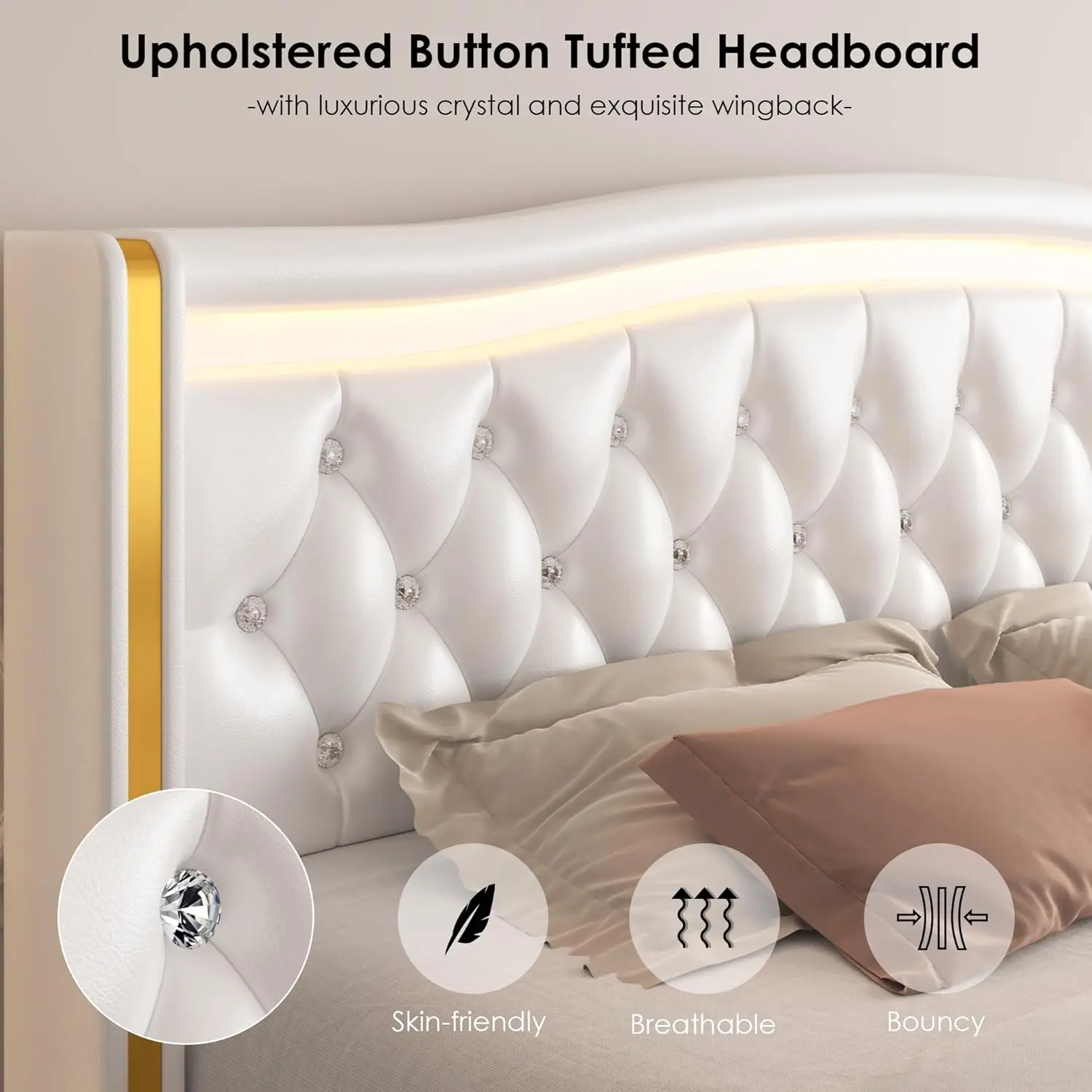 Queen Smart LED Platform Bed Frame with 4 Storage Drawers, Crystal Button-Tufted & Stainless Gold Trim Wingback Headboard 5