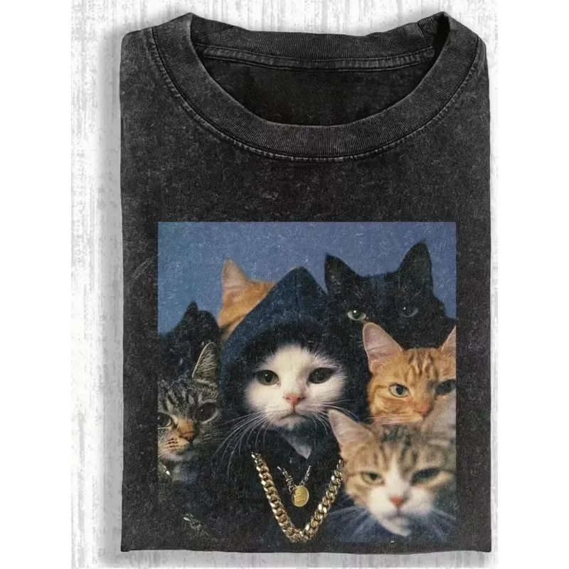 Hip-Hop Katzen-Crew Print T-Shirt Unisex Oversized Rundhals Casual Tee Lustige Katzen Foto Grafik Y2K Streetwear Shirt für Outfits
