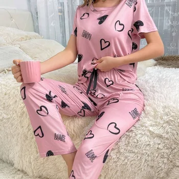 Women's Heart Print Pajama Set Summer Short Sleeve T-Shirt Long Pants Sleepwear 2 Piece Set Lounge Breathable Soft Set