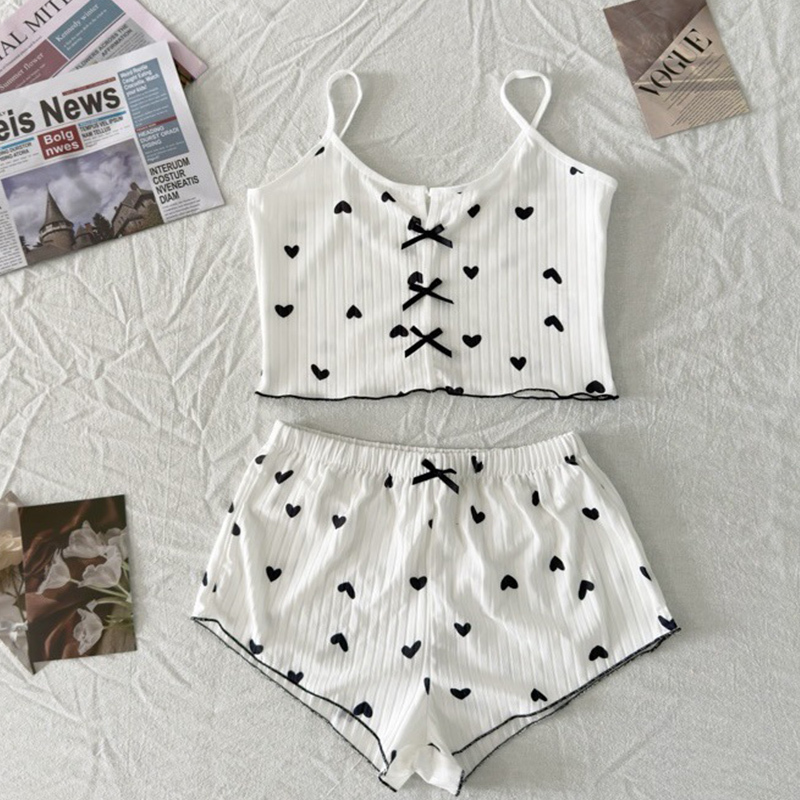 Cute Heart Print Pajama Set Women's Ribbed Cami Top & Shorts Bow Detail Sleepwear Loungewear Soft Comfortable Pj Set New Fashion