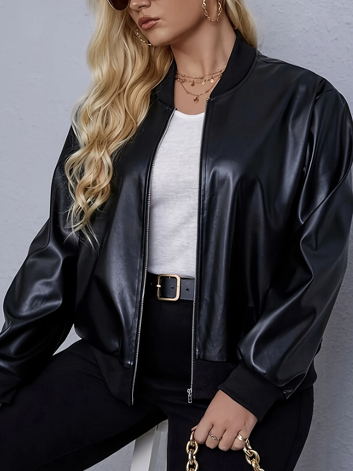  Plus Size Classic Style Jacket, Women's Plus Drop Shoulder Zip Up Long Sleeve PU Leather Jacket With Slant Pockets 