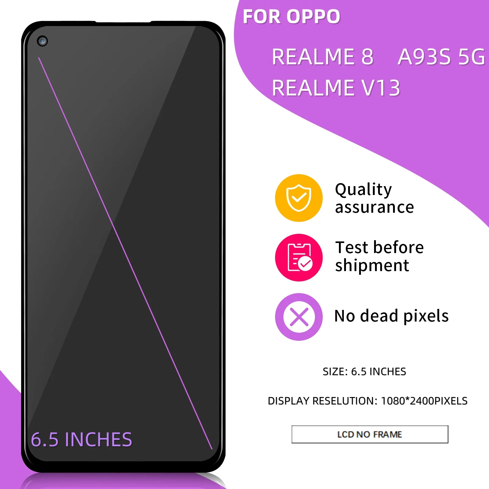 LCD 디스플레이 터치 스크린 디지타이저 어셈블리, OPPO Realme 8 5G RMX3241, Realme V13 A93s 5G 교체용, 6.5 인치