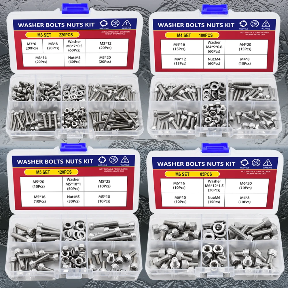 M2 M3 M4 M5 M6 DIN912 304 Stainless Steel Head Hexagon Hex Socket Cap Screw Bicycle Hex Bolts Nuts And Washers Assortment Kit