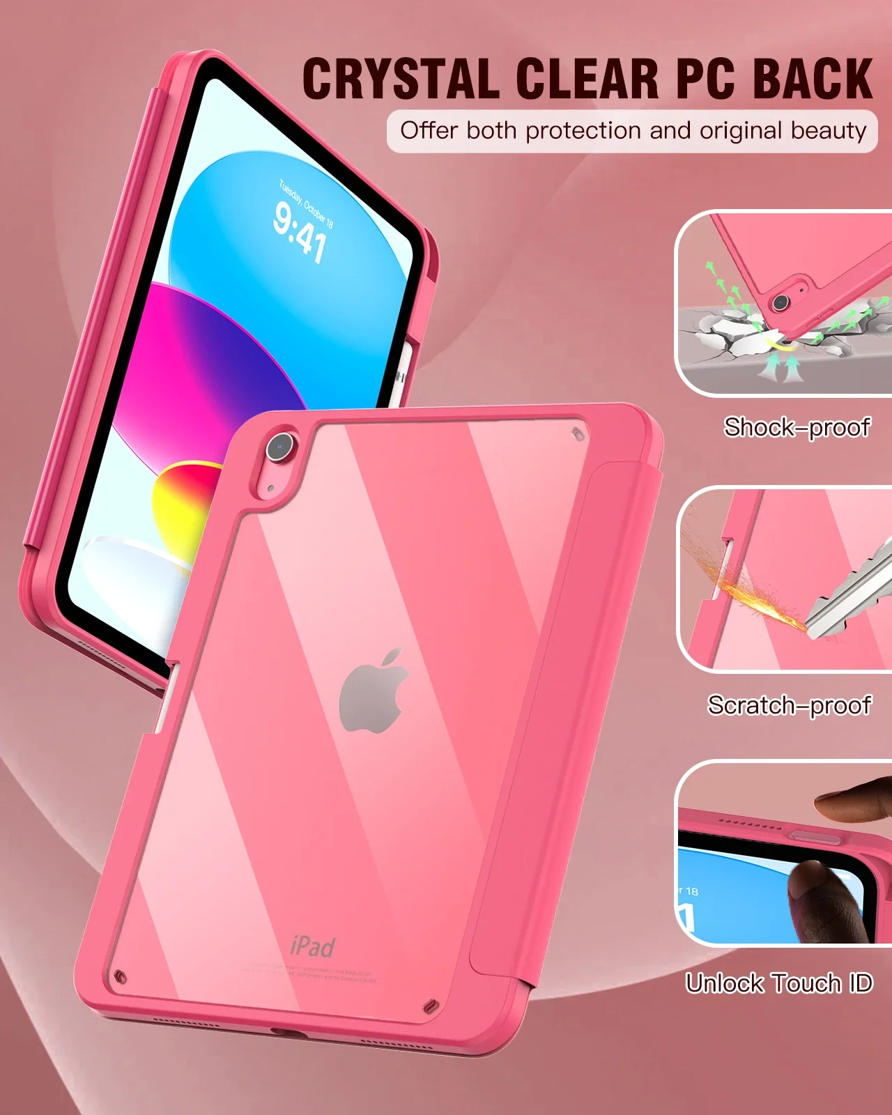 

For iPad 10th Generation 2022 Case with Pencil Holder Hybrid Slim Tri-fold Stand Protective Cover with Clear Back for iPad 10