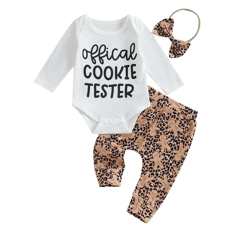 

Bmnmsl Baby Girls Outfit Long Sleeve Letters Print Romper with Gingerbread Man Leopard Print Pants and Bow Headband Clothing Set
