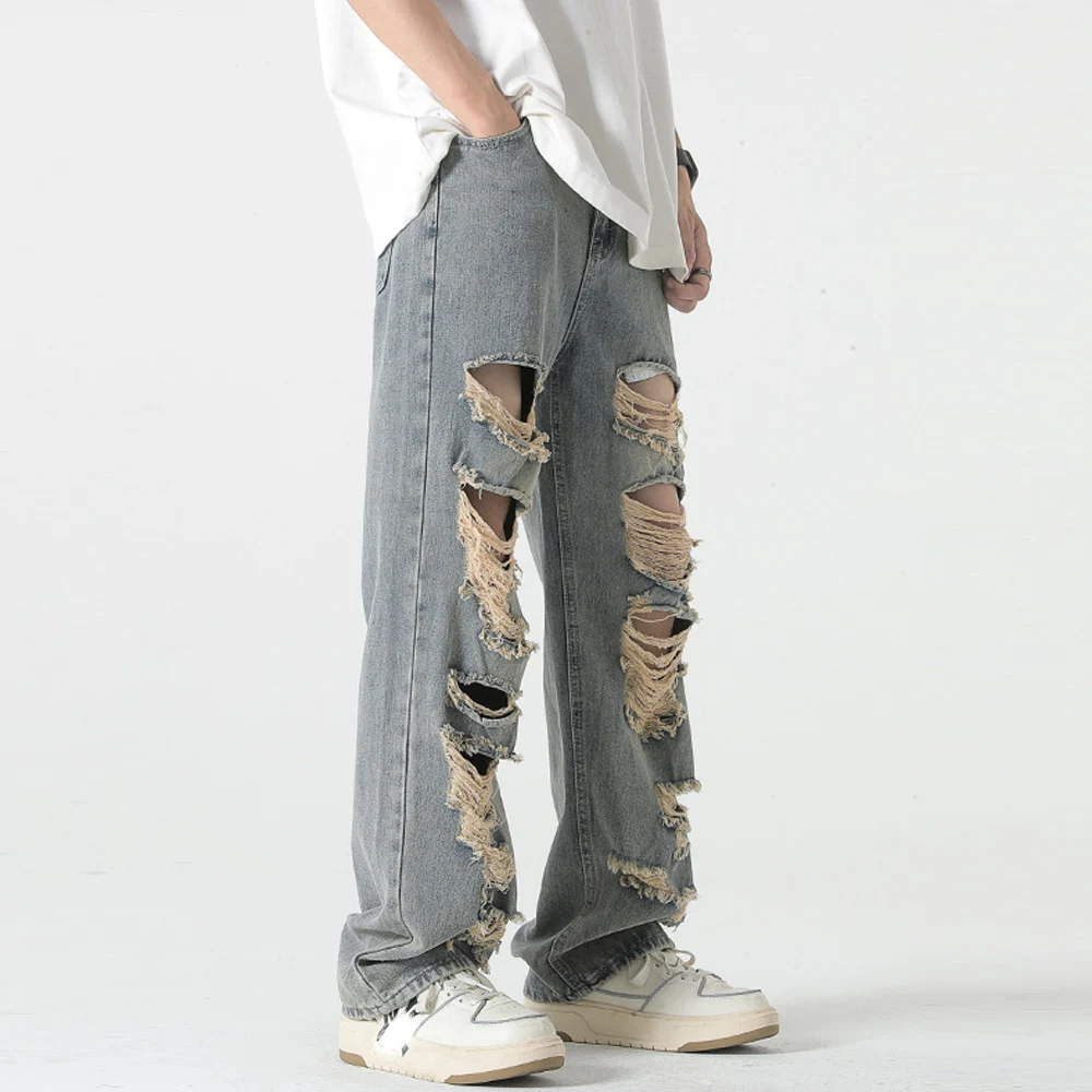 American Men's Vintage Hole Y2K Jeans Cotton Denim Pants Baggy Ripped Jeans Man Straight Trousers Female Gothic Clothes