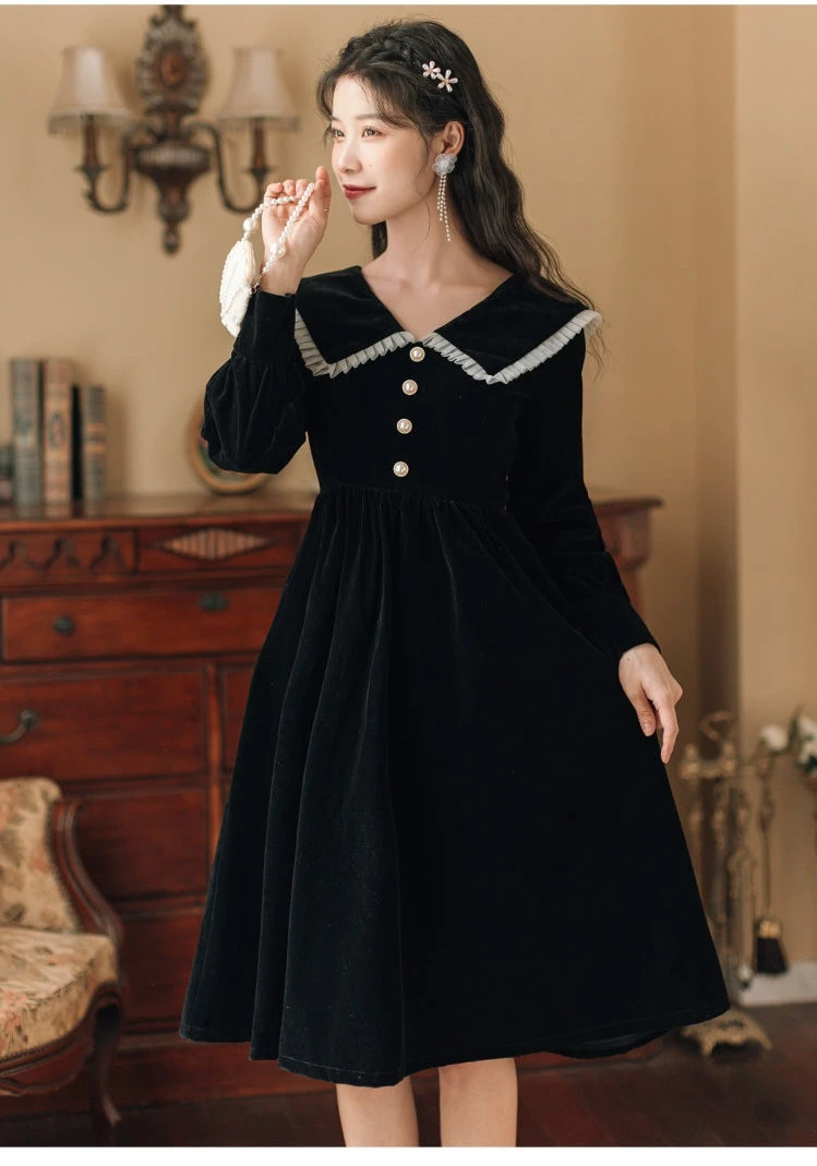 Jielur 2022 Frauen Party Kleider Koreanische Vintage Samt Schwarz Langarm Robe Elegante Kleidung Japanische Peter Pan Kragen Kleid – Detail 5
