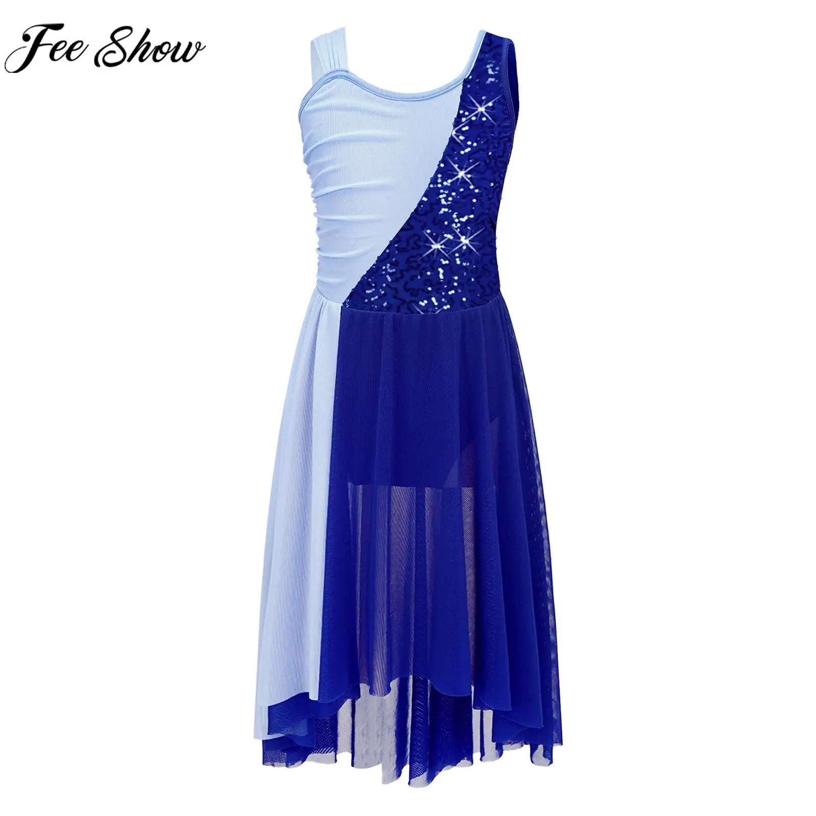 

Girls Modren Lyrical Dance Dress Ballet Gymnastics Performance Dancewear Sleeveless Shiny Sequins Irregular Hem Leotard Dresses