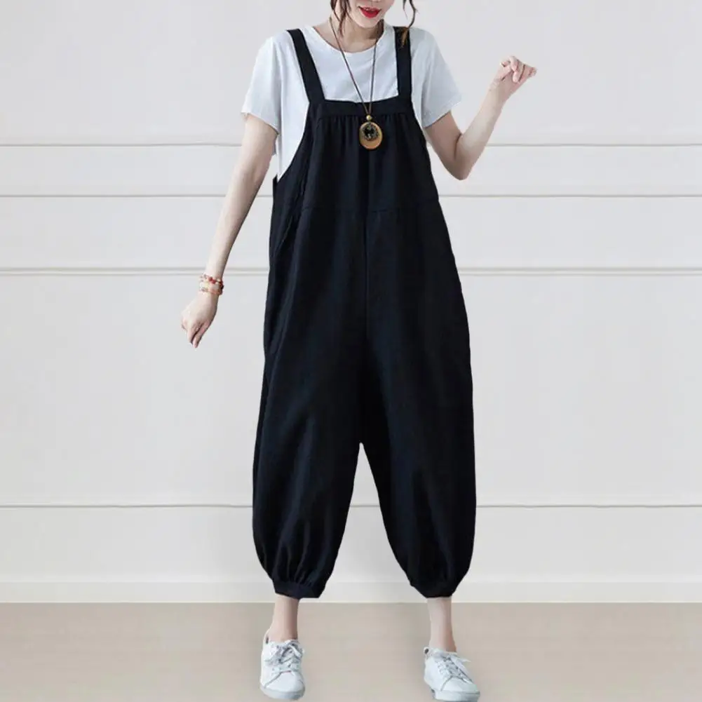 

Women Jumpsuit Summer Square Collar Sleeveless Long Rompers Patchwork Color Bibs Overall Suspender Ankle-length Harem Romper