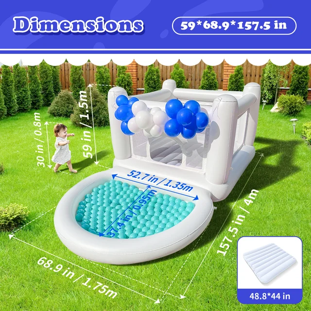 White Bounce House with Pump Kids Ball Pit Bounce House for Kids 3-6 Birthday Indoor or Outdoor Playhouse Customization 3