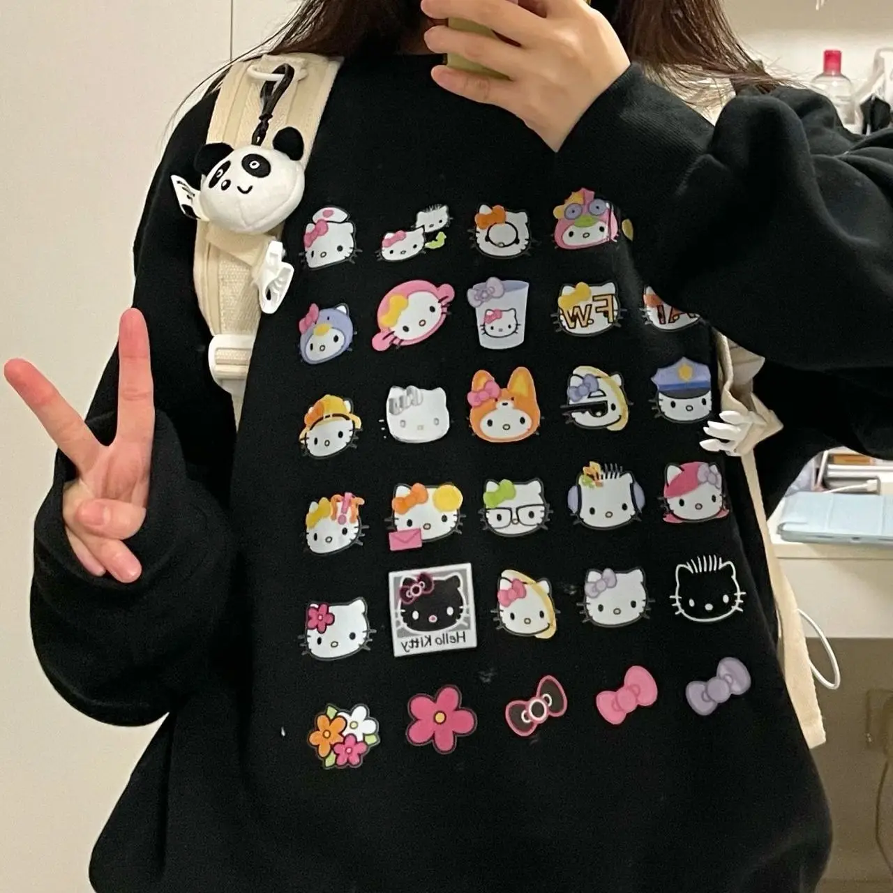 

Sanrio New Cotton Hoodie Ladies Fall/Winter Day Cute Hello Kitty Print Preppy Crew-neck Top Autumn Trend Add Fleece To Thicken