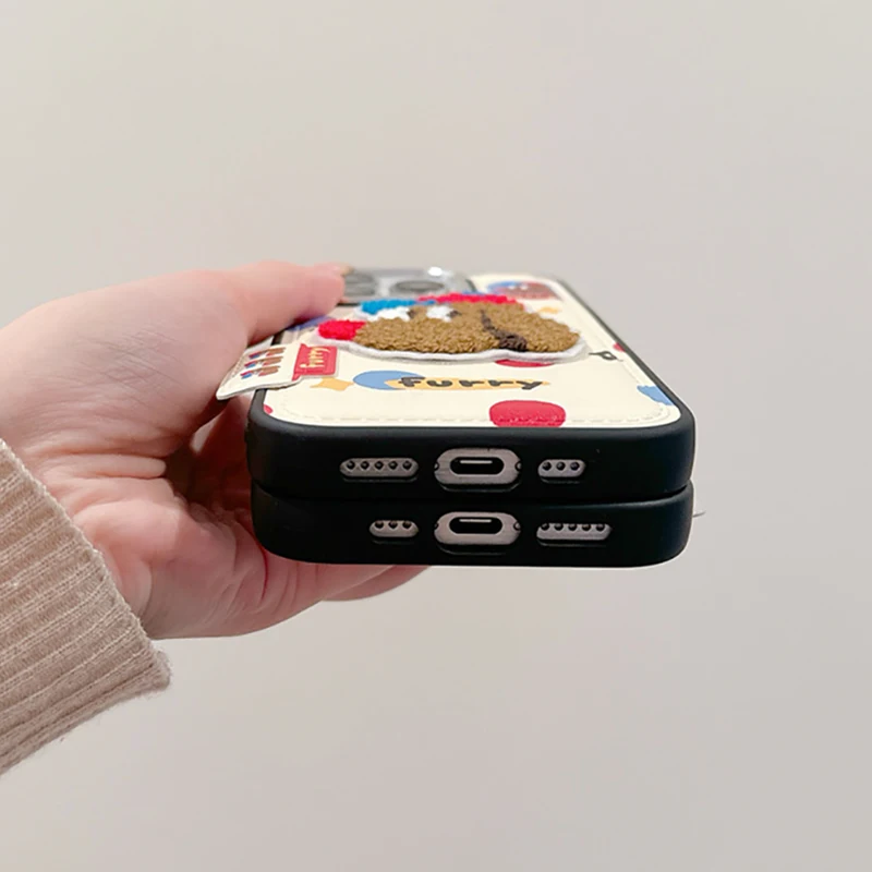Cute Cartoon Embroidery Bear Dog Leather Case For iPhone 13 14 15 16 Pro Max Lovely Soft Silicone Phone Cover