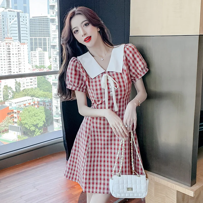 

YANLING Women's French Style Waist Cinched to Show Skinny Little Man Contrast Doll Collar Red Plaid Fairy Dress