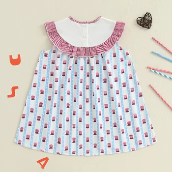 Cute Baby Girls Patriotic Sleeveless Dress with Stars and Stripes Print Ruffled Trim and Bow Detail for Independence Day 2