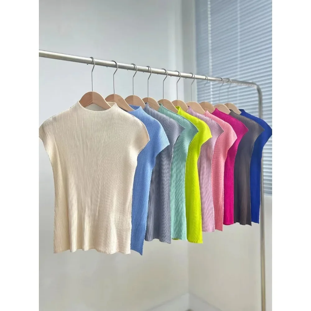

ALSEY Miyake Pleated Korean Simple Standing Collar Top 2024 Women Summer New Slim Hundred Casual Stretchy Short Sleeve T-Shirt