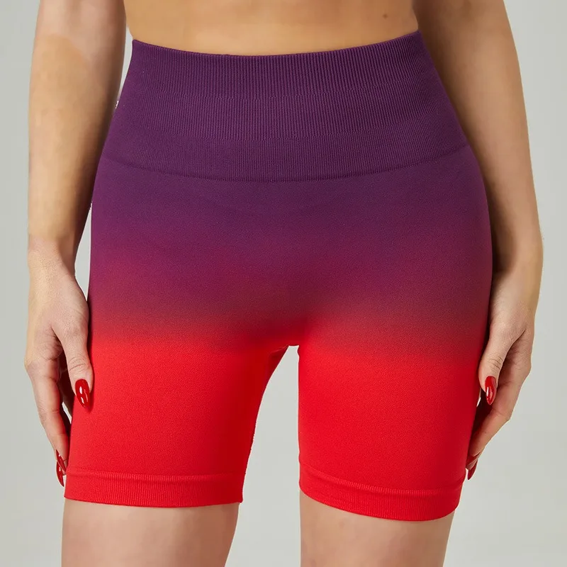 Gradient Colour Wide Waist Sports Shorts Women Slim Workout Running Yoga Shorts Seamless Push Up Tights