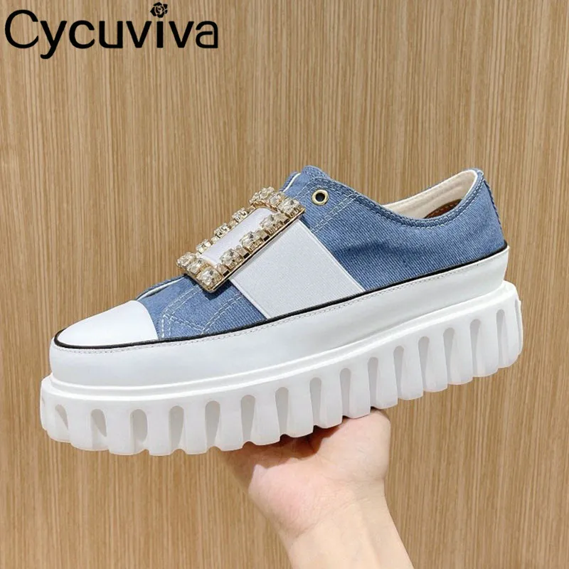 

2023 Spring Platform Sneakers Women Crystal Buckle Patchwork Canvas Flat Casual Shoes Woman Thick Sole Brand Daddy Shoes Mujer