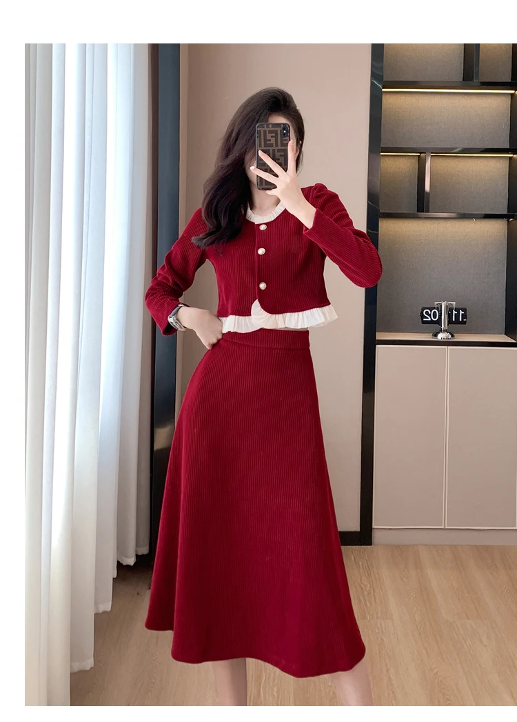 Autumn Winter Corduroy Two-piece Skirt Set Women Long Sleeve Ruffles O-neck Top Solid Midi Skirt Korean Fashion Outfits New