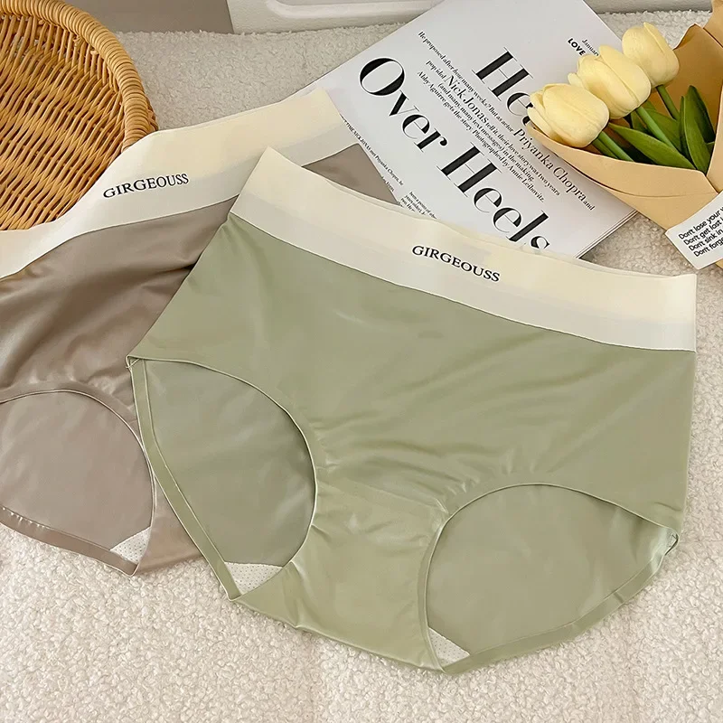 

New Seamless Underwear Women Simple English High Waist and Abdomen Breathable Comfort Hip Ice Silk Underwear Ladies