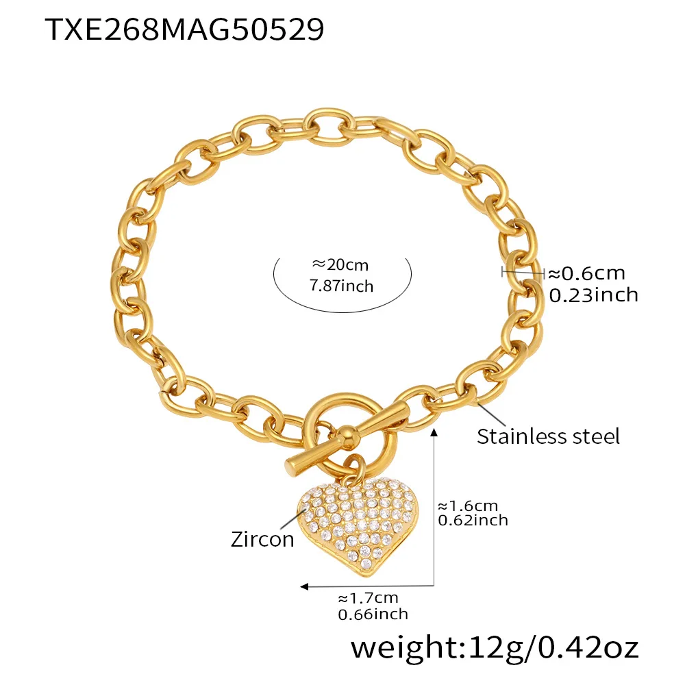 Sf2fca1990d4b46009c5864b756e28f86E 316 Stainless Steel Zircon Heart Pendant Necklace Women Luxury 18K Gold-Plated Chunky Chain Bracelet Waterproof Jewelry Set Mallzona