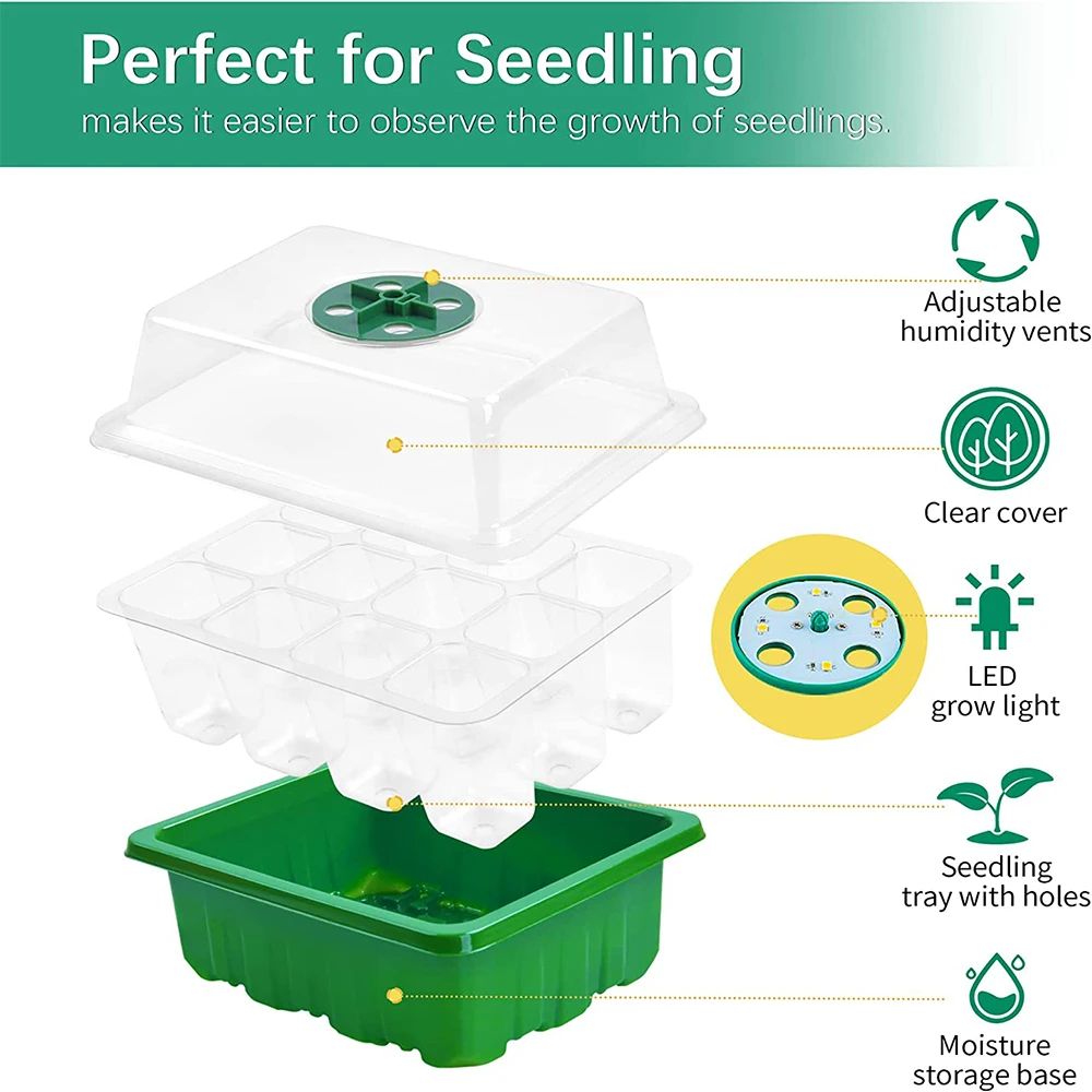 Reusable Seed Starter Trays with Grow Light Seedling Tray 5 Pack 60 Cells Humidity Adjustable Greenhouse Germination Kit