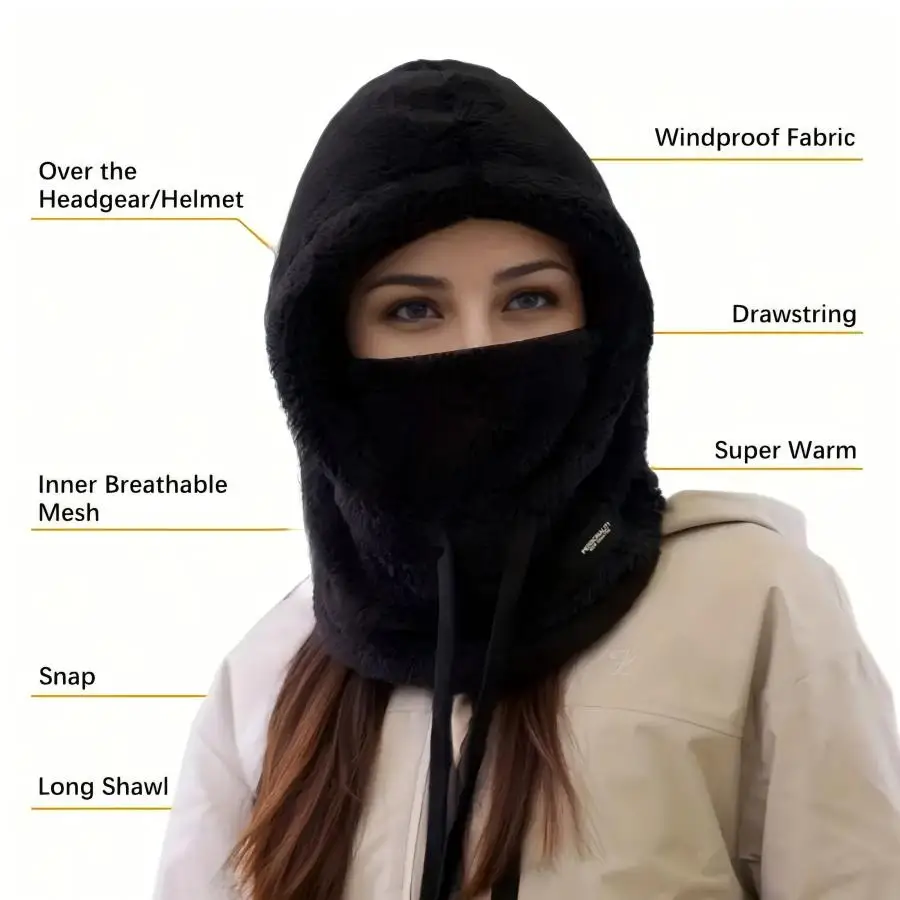 Women's Fleece Balaclava Hat, Winter Windproof Snow Cap, Outdoor Sports Neck Gaiter Mask, Knitted Polyester, Decorative Accessory