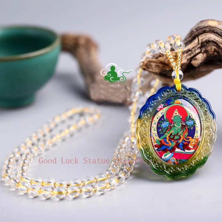 

GOOD LUCK Buddhist Greco-Buddhist pocket travel efficacious Talisman Tara Green Buddha Crystal Pendant Amulet
