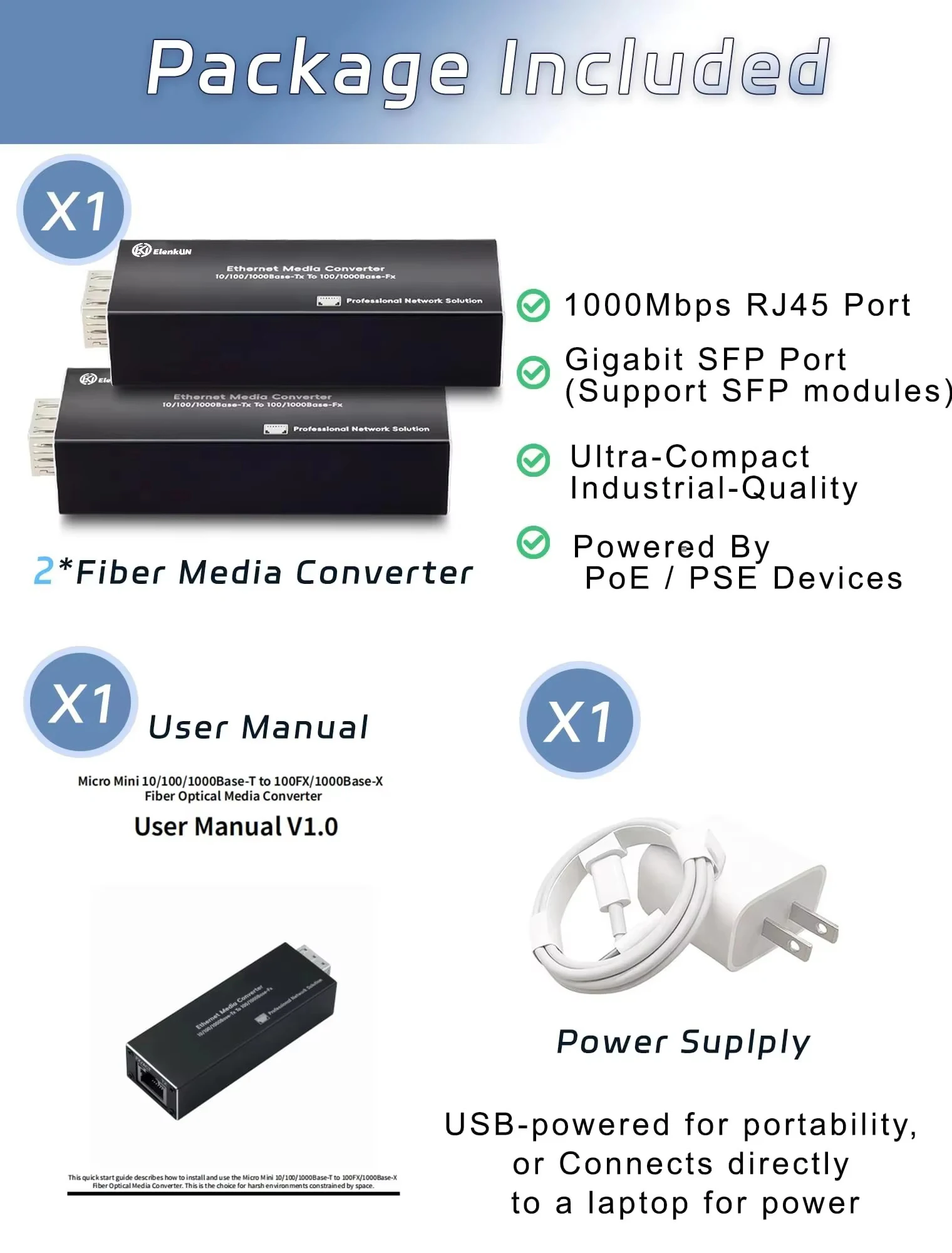 Mini Ethernet PoE PD SFP Fiber Media Converter RJ45 ,SFP 100/1000M Plug and Play Ethernet Fiber Converter Durable Metal Housing
