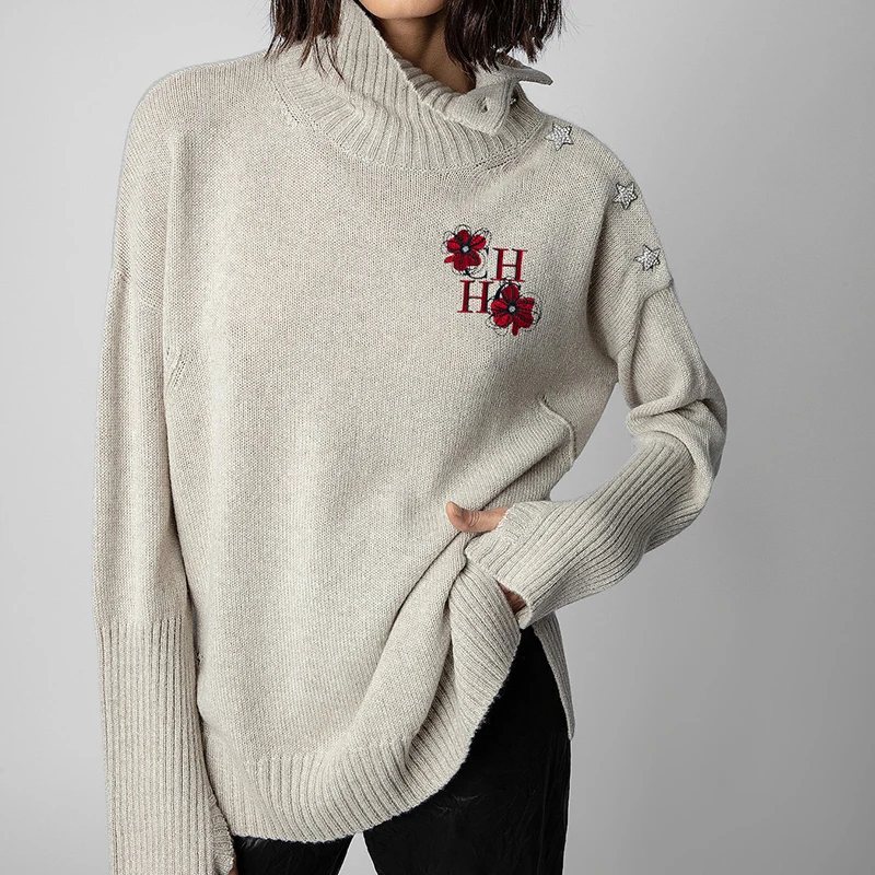 

New Women Sweater Red Embroidery Commuting Fasion High Collar Pullover Shiny Design Streetwear Female Loose Sweater