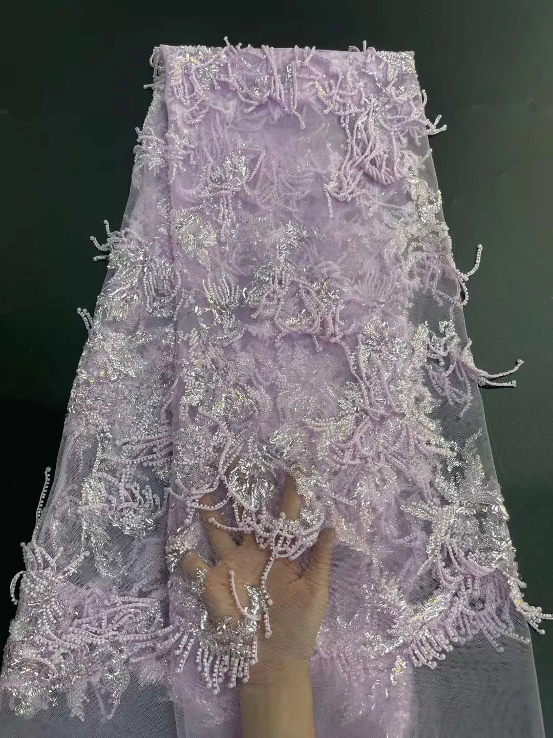 

Luxurious African Sequence Net Lace Fabric Nigeria Heavy Handmade Beaded Embroidered Fabric French Wedding Prom Dress