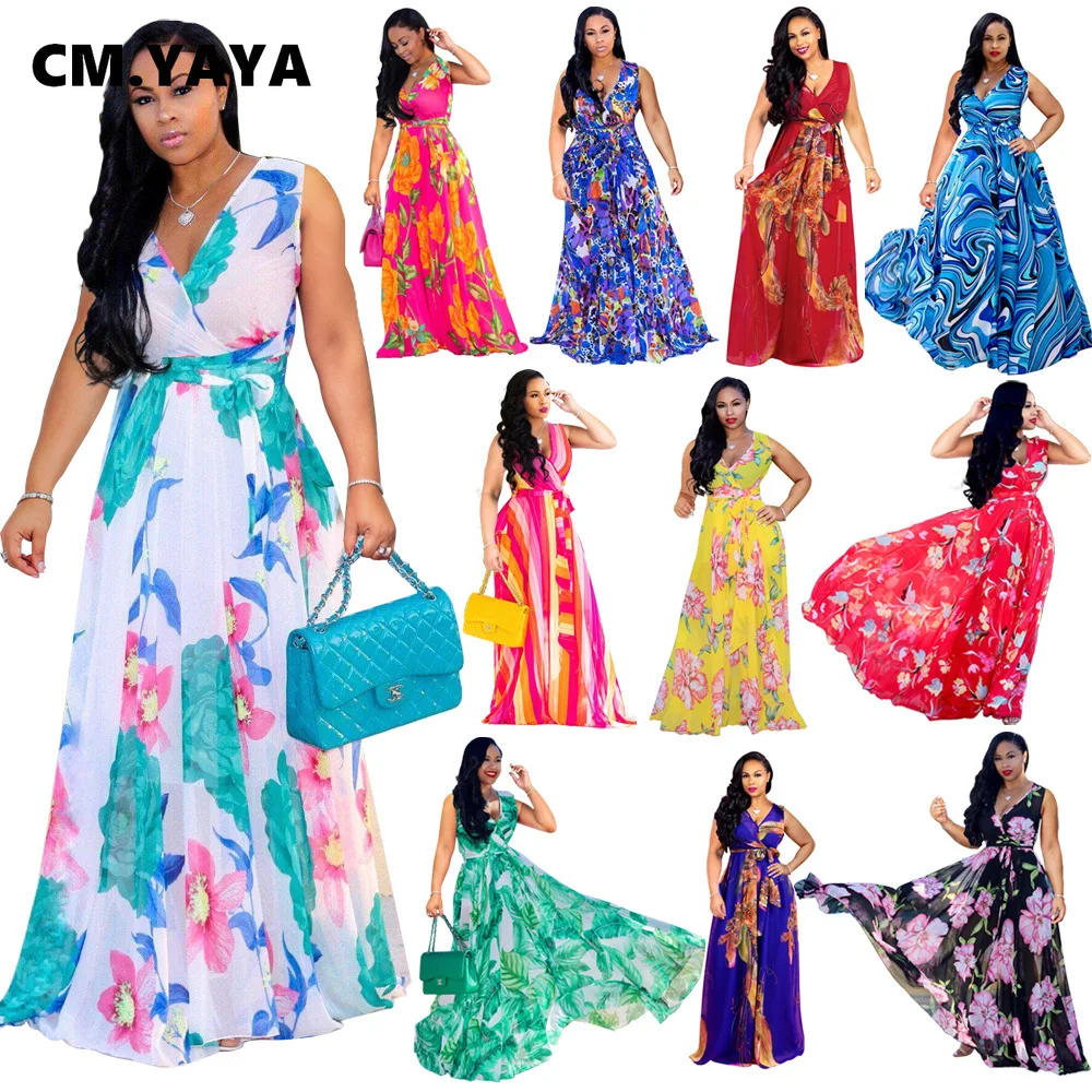 CM.YAYA Summer Women Long Maxi Dress V-Neck Print Night Club Party Beach  Sexy Elegant Street Sashes Dresses Vestidos - AliExpress