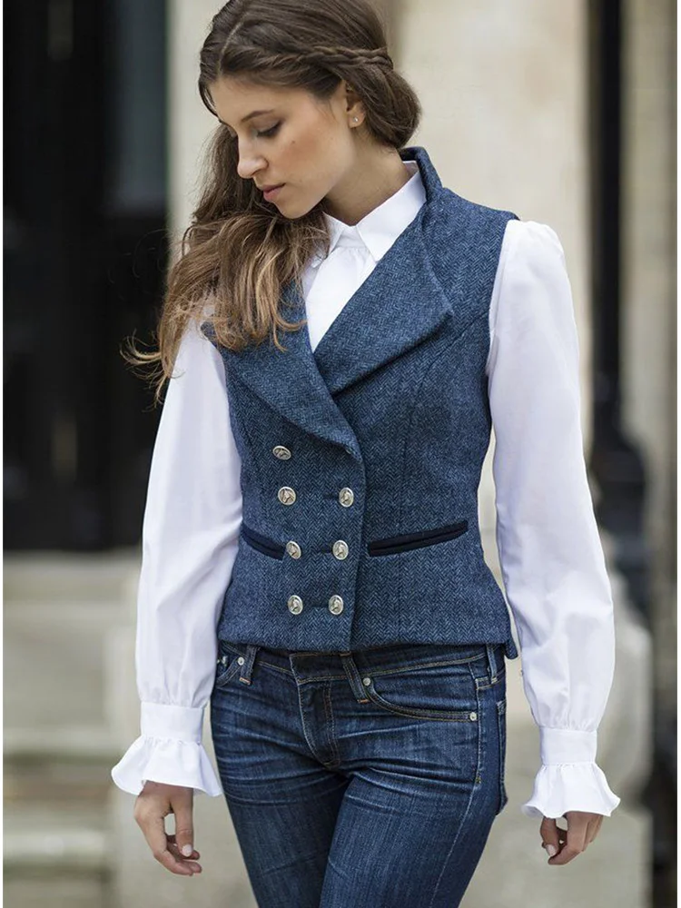 美品★ HERRINGBONE LONG JACKET VEST Women Vest Vintage Herringbone Double Breasted Slim Fit Sleeveless