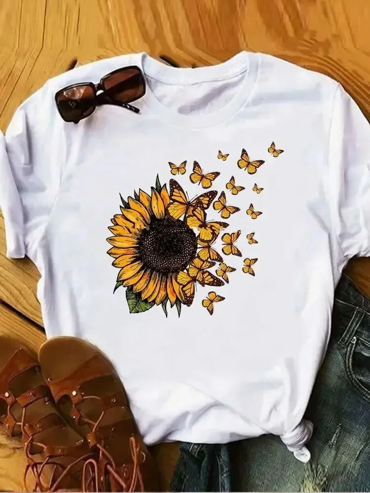 Summer Fashion Casual Sunflower Butterfly Print Women T