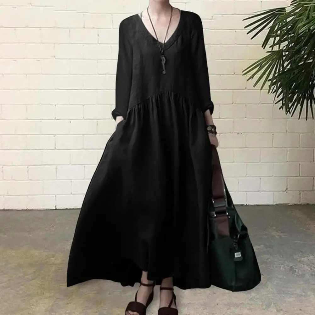 

Summer Women Dress Pleated Loose V Neck A-line Loose Hem Long Sleeves Solid Color Patchwork Pockets Casual Daily Bech Maxi Dress