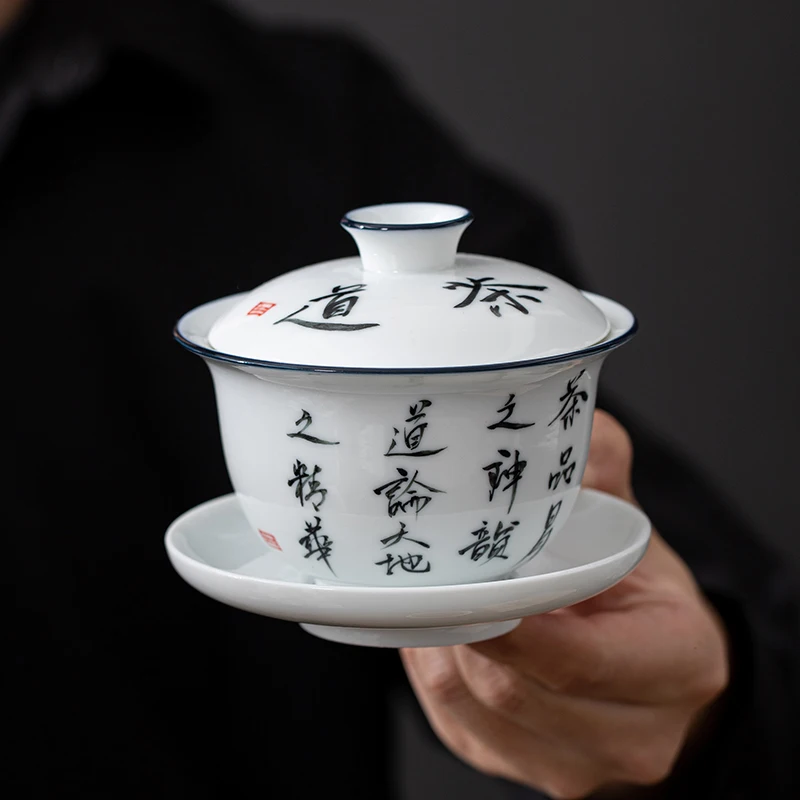 Jingdezhen-Hand Drawn Tea Bowl Cover Ceramic Tea Set Large White Porcelain Covered Bowl San Cai Gaiwan