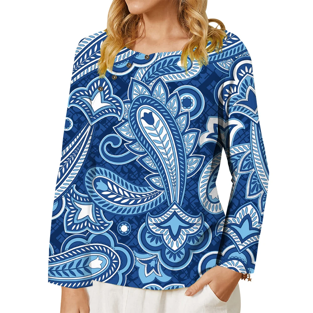 

CLOOCL Fashion Women T-shirt Blue Perris Vortex Pattern 3D Printed Long Sleeve Shirt Button Decorate Tee Oversized Blouse Tops