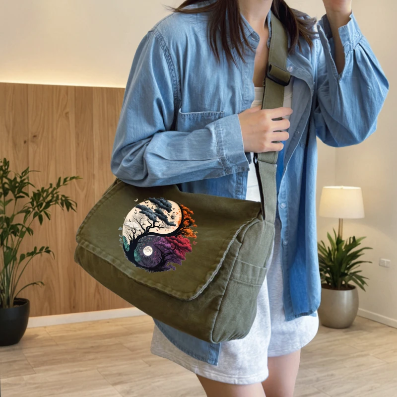 Artistic Women's Crossbody Bag Yin Yang Tree Print Canvas Shoulder Bag Large Capacity Daily Messenger Bag