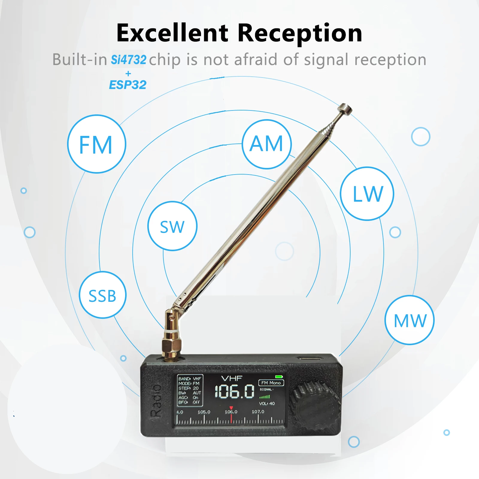 SI4732 0.5-108mhz Portable Radio 1.9inch IPS Screen USB AM FM SW LW VHF RDS ST7789 Pocket Mini Radio ESP32-S3 750mAh