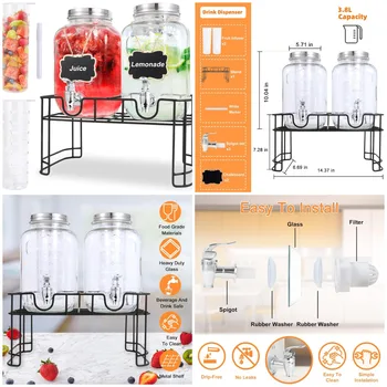 4L Glass Drink Dispenser Set (2pcs) with Spigot, Ice Cylinder & Fruit Infuser for Party, Summer Tea, Juice