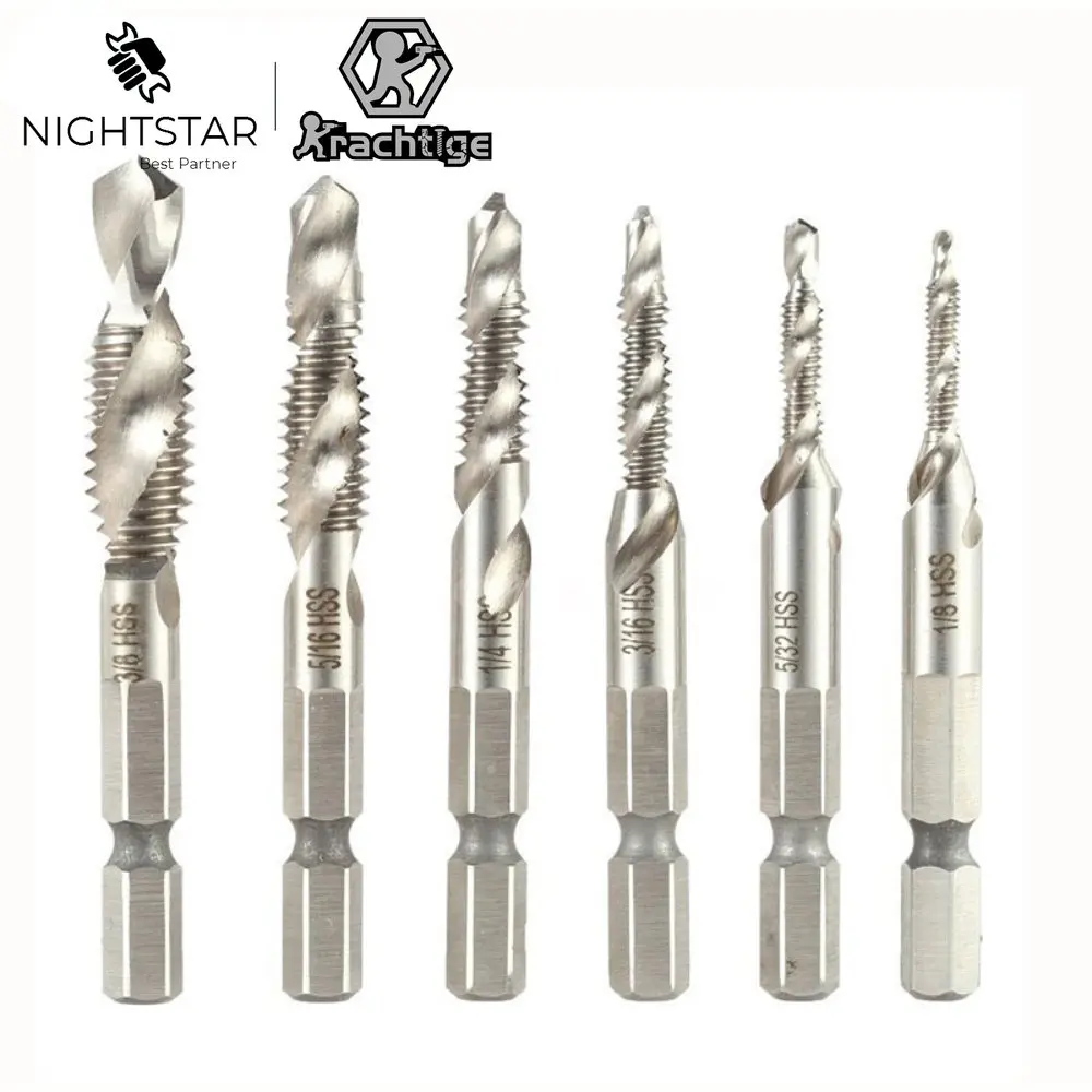 6Pcs HSS4341 Hex Shank Combination Drill Tap Bit Set 1/4"5/32" British