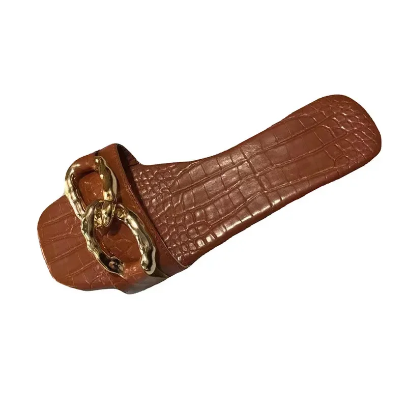 Women Summer Slippers Fashion Metal Chain Flat Sandals Ladies Outdoor Beach Flip Flops Square Toe Slides Woman Large Size 43