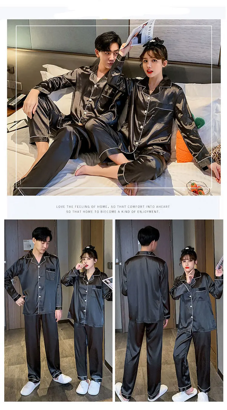 Couple Pajama Sets For Men Women Lover Silk Sleepwear Lounge-wear Long Sleeve